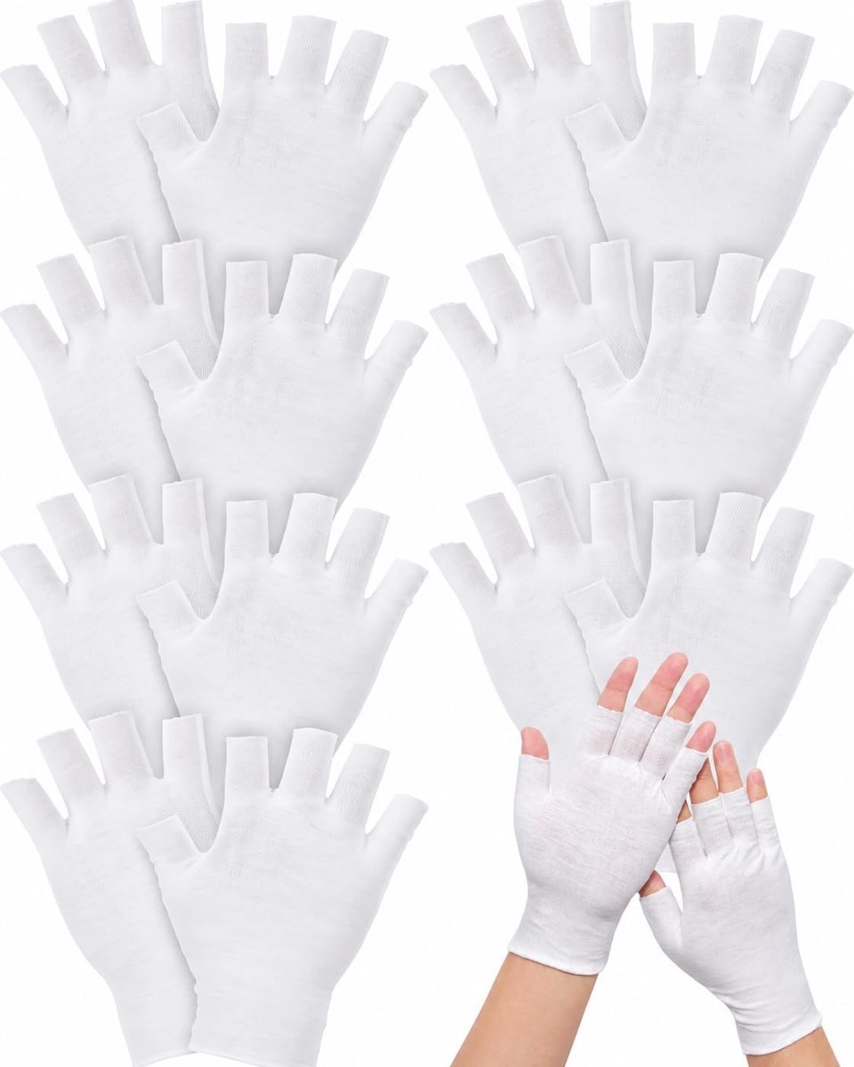 8 paar katoenen handschoenen, wit, vingerloos, dunne stoffen handschoenen voor neurodermitis en eczeem, vochtinbrengende handschoenen voor cosmetische huidbehandeling, uv-bescherming nagels en