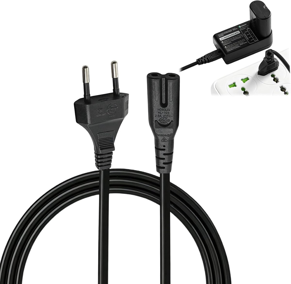 1,5 m Euro 8 netsnoer C7 stroomkabel met eurostekker, 2-polige figuur 8 kabel voor tv, monitor, printer, radio, luidspreker, Blu-ray-speler en kleine apparaten, reservekabel, zwart