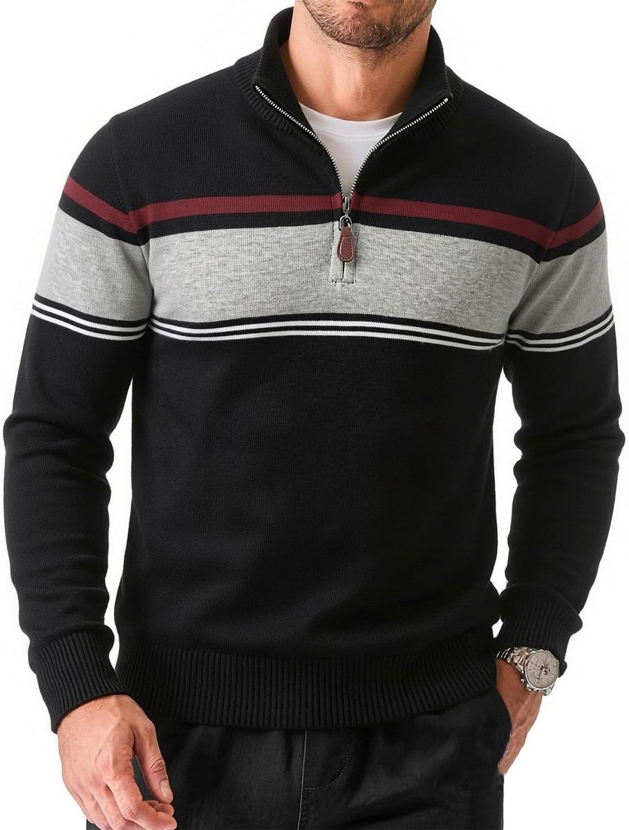 Herentrui met korte ritssluiting, contrasterende kleuren, casual trui met lange mouwen en opstaande kraag