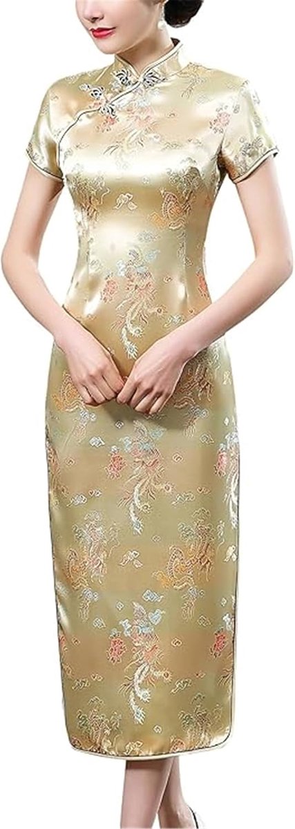 Sugar Qipao korte lange jurk met kleine mouwen en drakenpatroon Brokaat Cheongsam tuniek