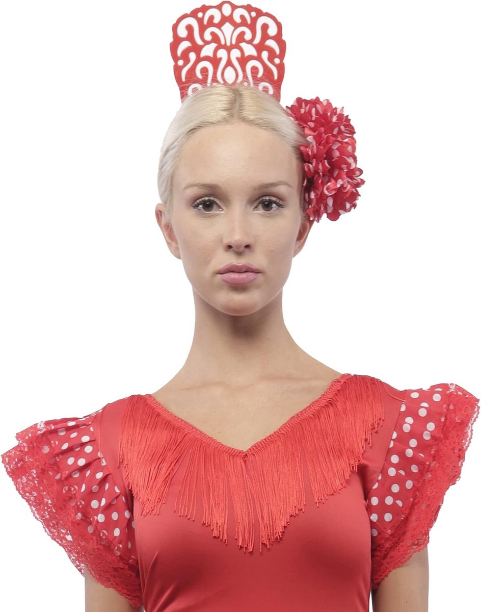 Flamenco-haarkam, 18 x 13 cm en bloemenklemmen voor Sevillan-feestjes, verpakking van 2 stuks (rood-witte stippen)