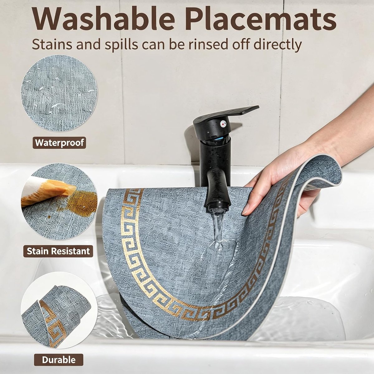 Placemats Ovale placemats voor tafel gemakkelijk schoon waterdicht wasbare placemats set van 4, stoffen textuur retro afdrukken tafelmatten hittebestendige antislip kunstleer keuken eetkamer