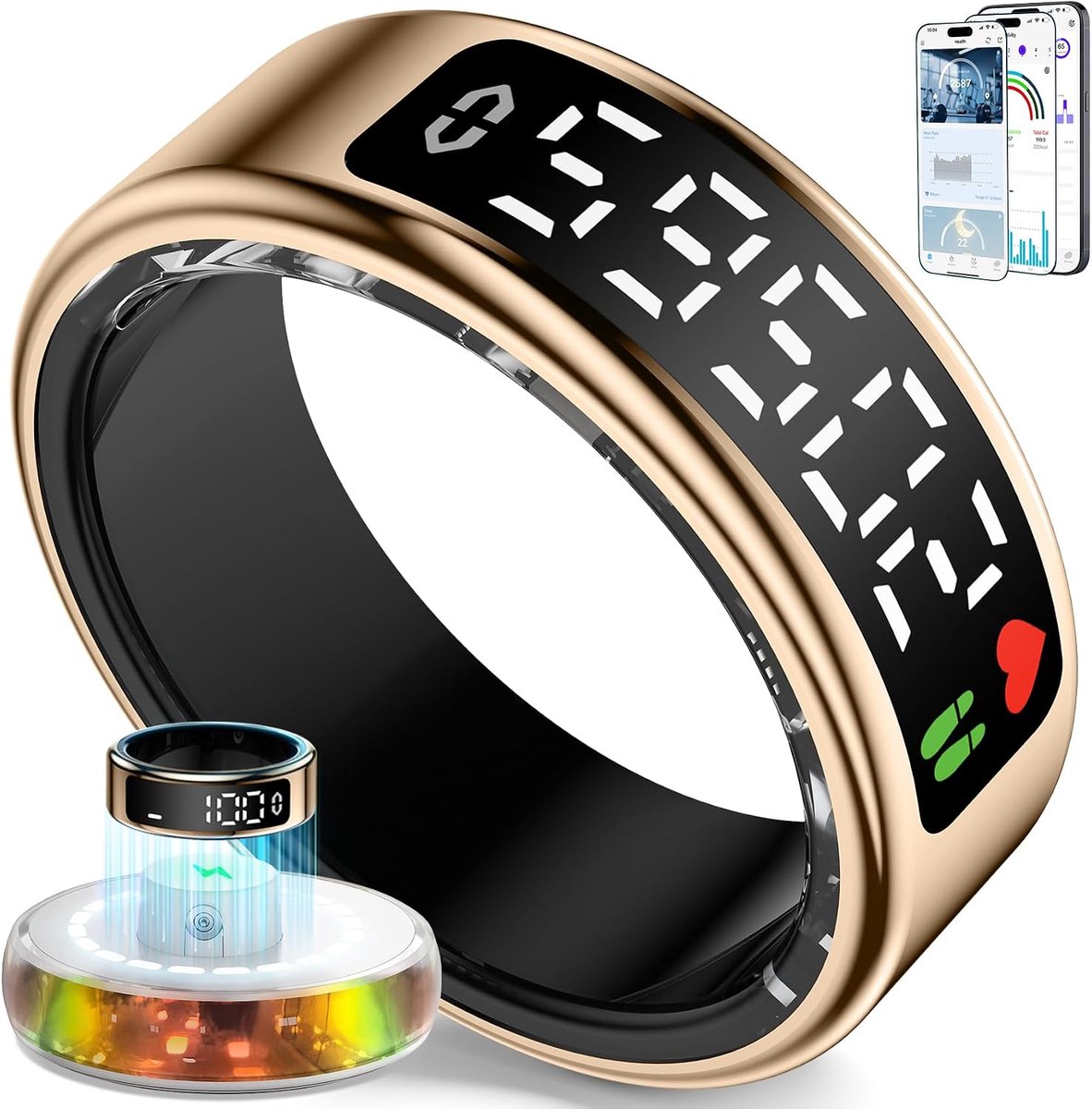 Ring voor Mannen en Vrouwen, 2026 Smart Ring met LED Scherm, IP68 waterdicht, Fitness Tracker voor het monitoren van de pulsmeter/SpO2/HRV, compatibel met iOS en Android (Roségoud, 8)