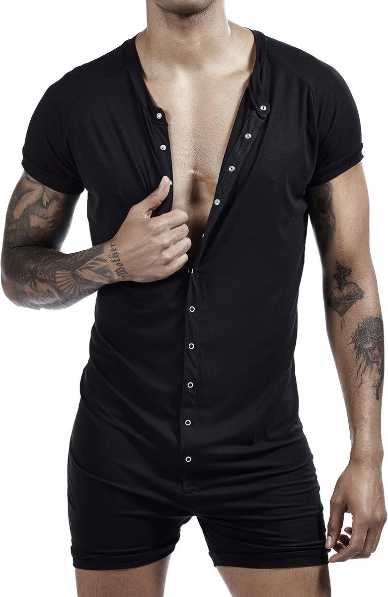 Jumpsuit voor heren, korte mouwen, super comfortabele stretch-katoenen romper met knopen, zwart