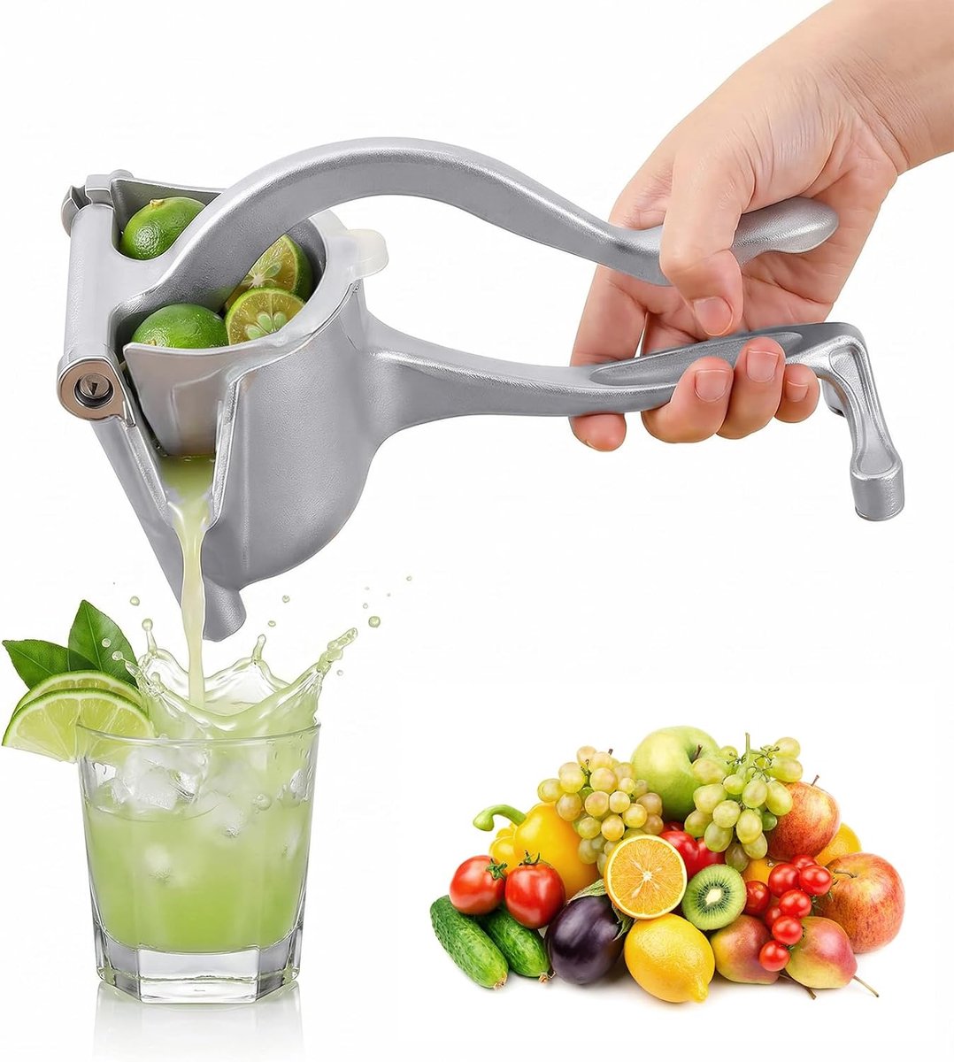 Citroenpers van roestvrij staal, handmatige sinaasappelpers, draagbare sapcentrifuge, citruspers, handmatige sappers, 100% saptechnologie voor alle soorten fruit