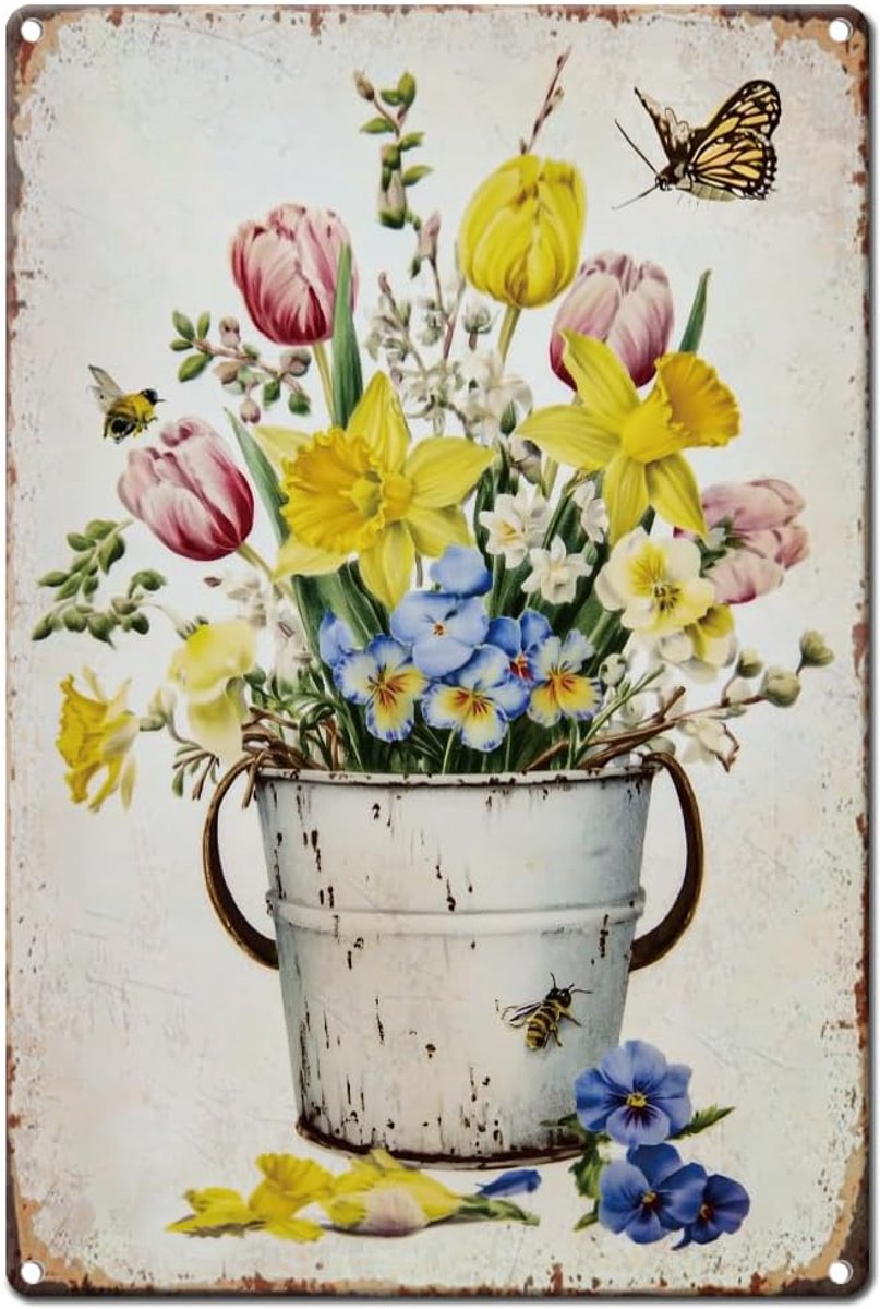 Tinnen bord met vintage bloem, 20 x 30 cm, retro narcissen, tulpenbord, bloem, ijzeren emmer muurkunst poster voor kamer, tuin, tuin, huis, balkon, winkel, muurdecoratie