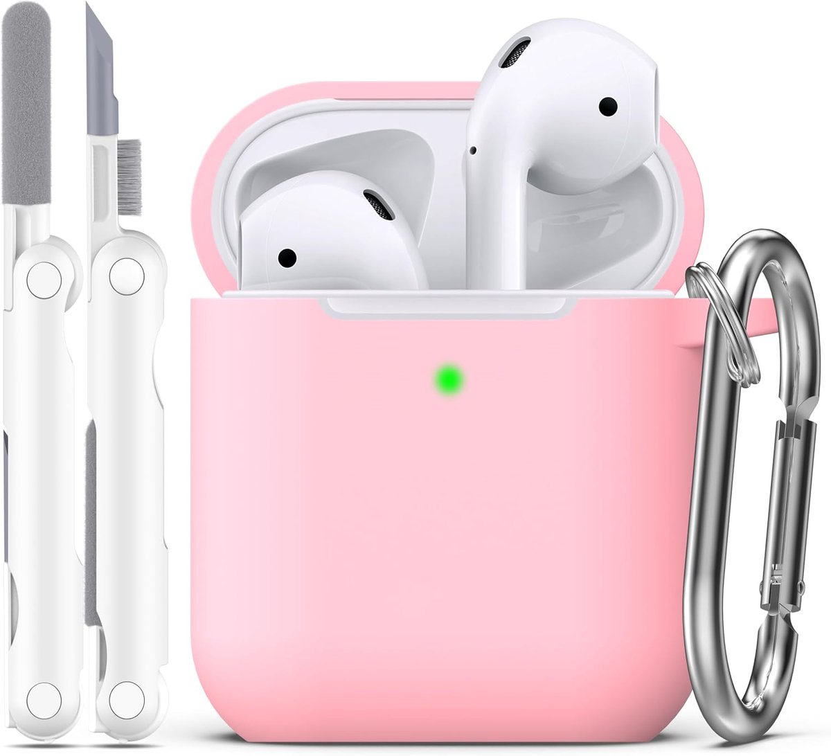 Compatibel met AirPods 2e generatie 2019,1e generatie 2016 hoes met reinigingsset en sleutelhanger,Zachte siliconen bescherming voor Apple AirPods Case,Roze