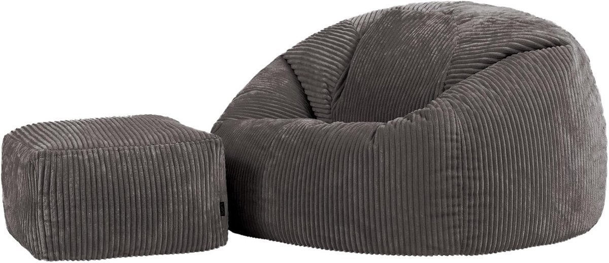 Icon Kingston Corduroy Zitzak XXL en Hocker met Vulling Inbegrepen, Grijs