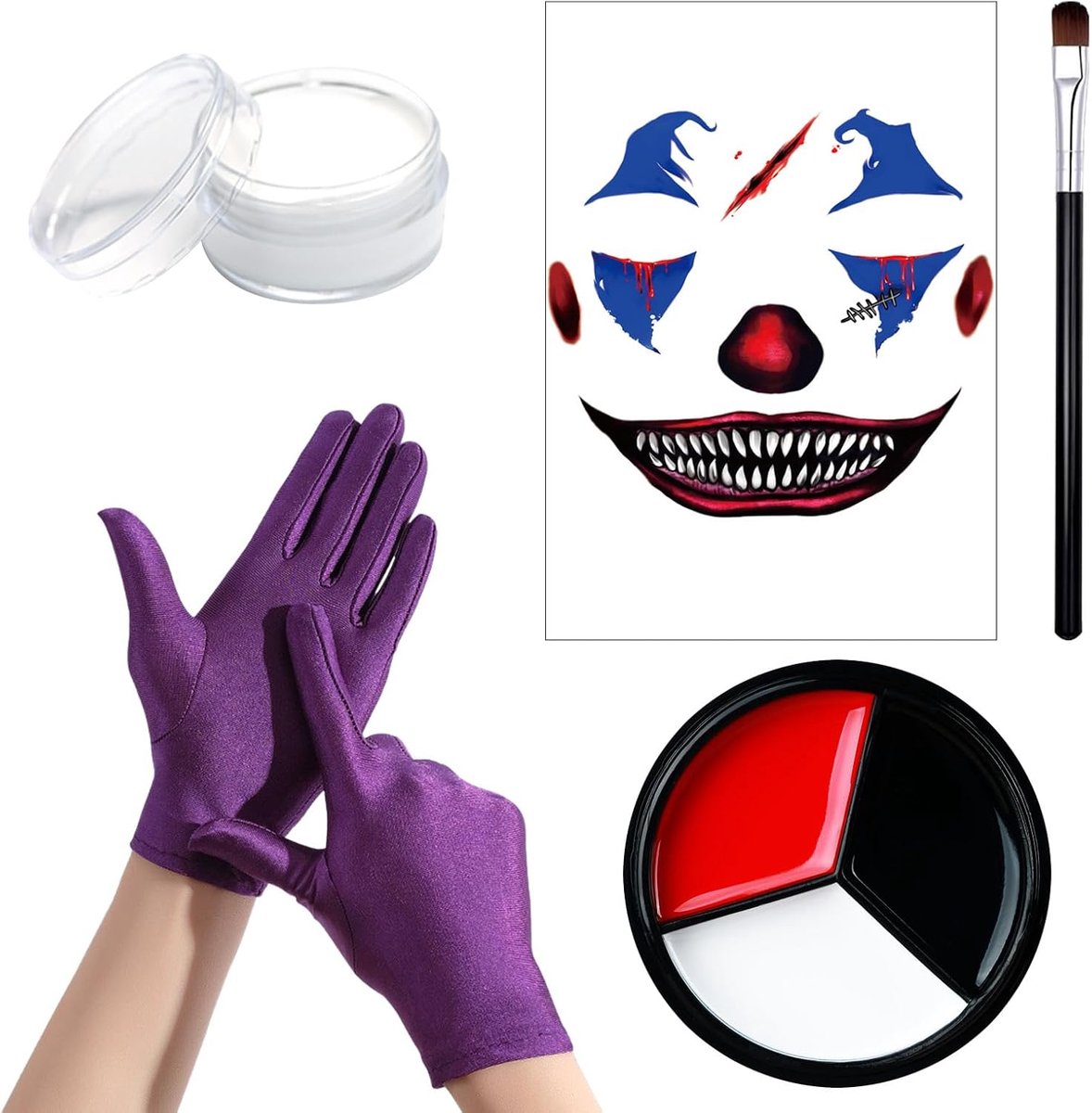Kostuum voor dames en heren, Halloween clown make-up, zwart, wit, rood, lichaamskleur, gezichtsschildering, oogschaduwkwast, tatoeëerstickers en handschoenen, voor Halloween, Kerstmis, carnaval