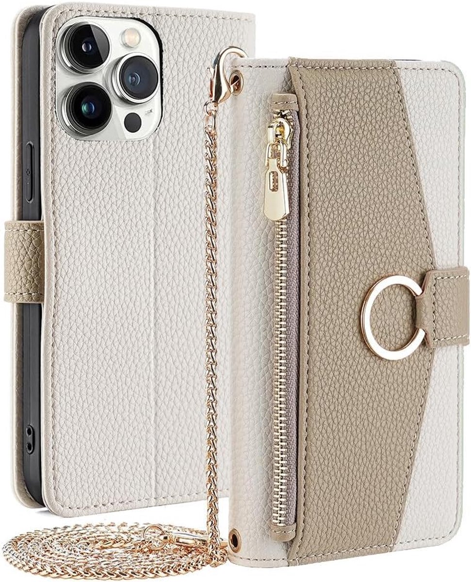 Handtas PU lederen schokabsorberende flip-cover, geschikt voor iPhone 17 Pro Max telefoonmodel, multifunctioneel gebruik: portemonnee, telefoonhouder, etc.- wit