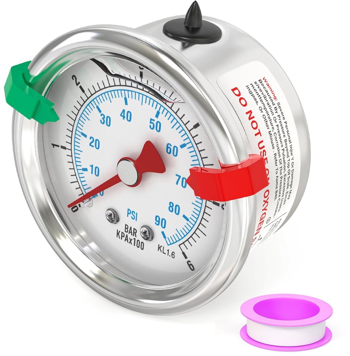 0-6 bar/0-90 psi vloeistofgevulde manometer, 1/8" BSP 1,5" wijzerplaat roestvrij staal gevuld met glycerine, achtermontage met 2 drukknopen WOG water olie lucht