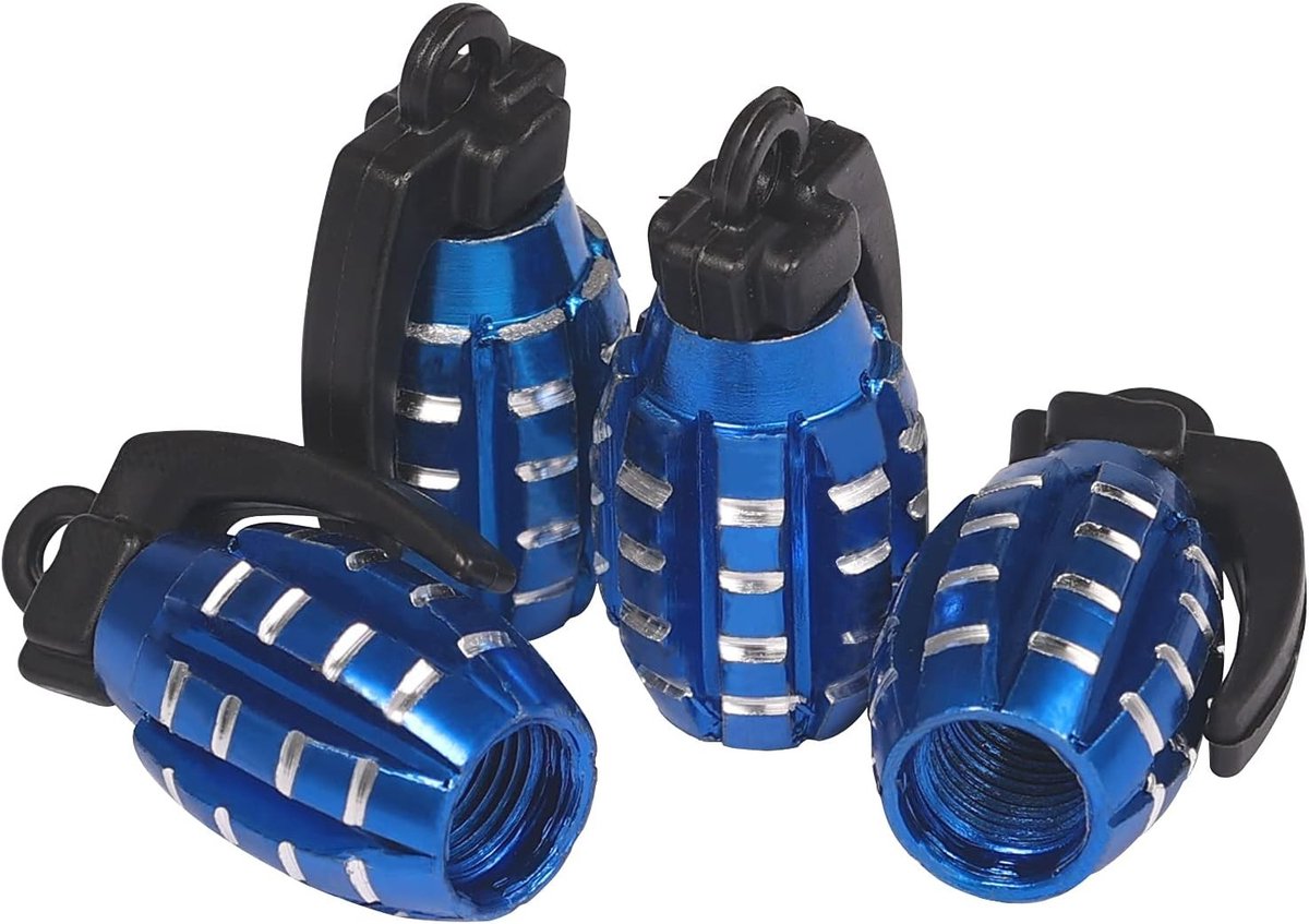 Aluminium Ventieldoppen Set van 4, Handgranaat Stijl, Duurzame en Luchtdichte Ventieldoppen voor Auto's, SUV's, Vrachtwagens en Motoren (Blauw)