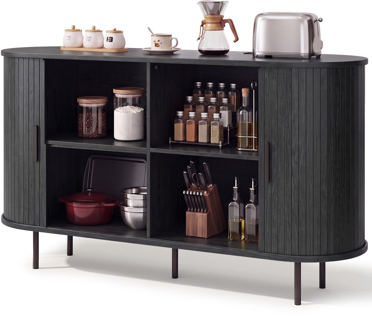 Xbro Dressoir met Houtlook Schuifdeuren – Buffetkast met Verstelbare Planken en EU-stopcontact – Zwart
