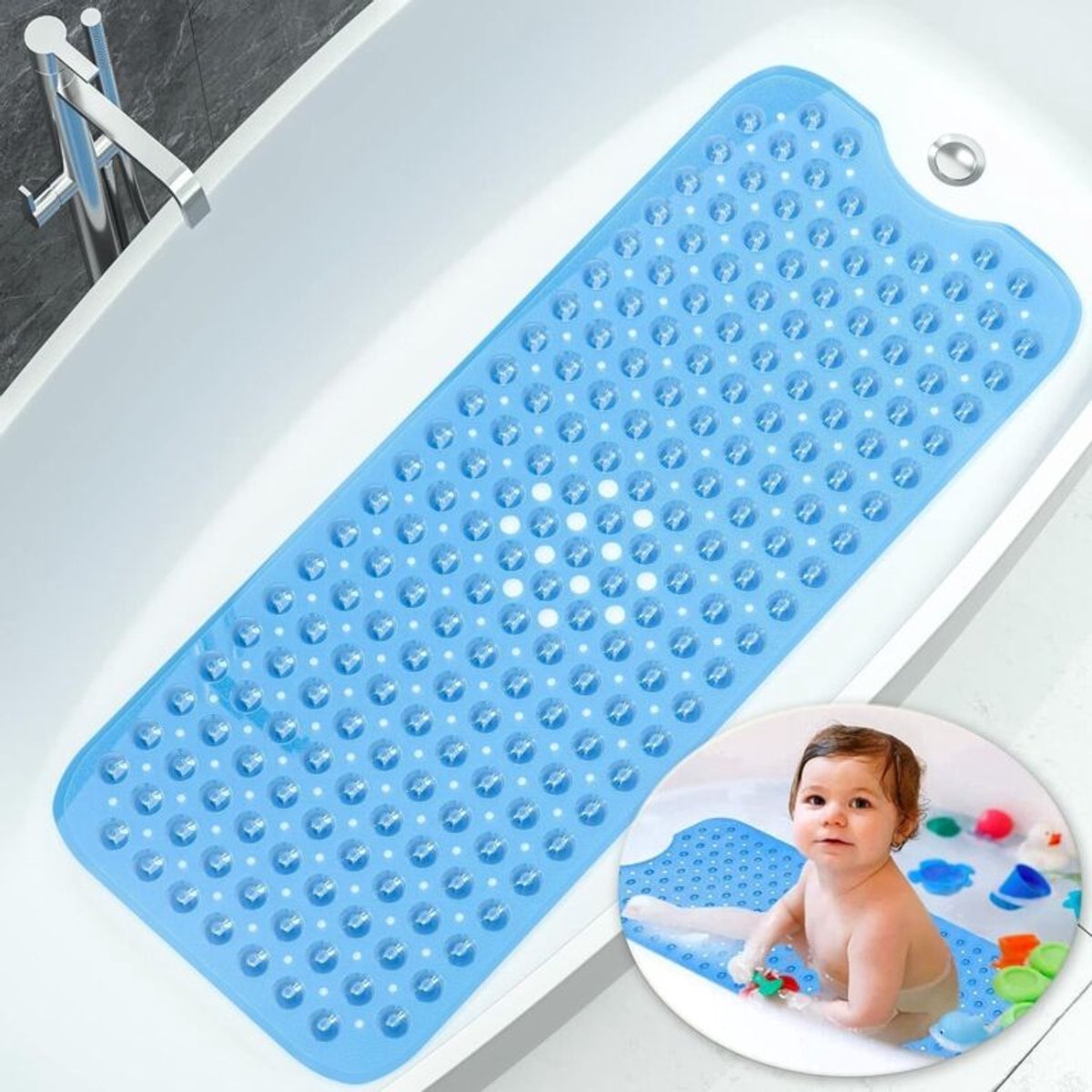 Antislip badmat, 100x40 cm, extra lang en duurzaam (blauw), veilig en antislip, antibacterieel ontwerp, geschikt voor sterke zuignappen.