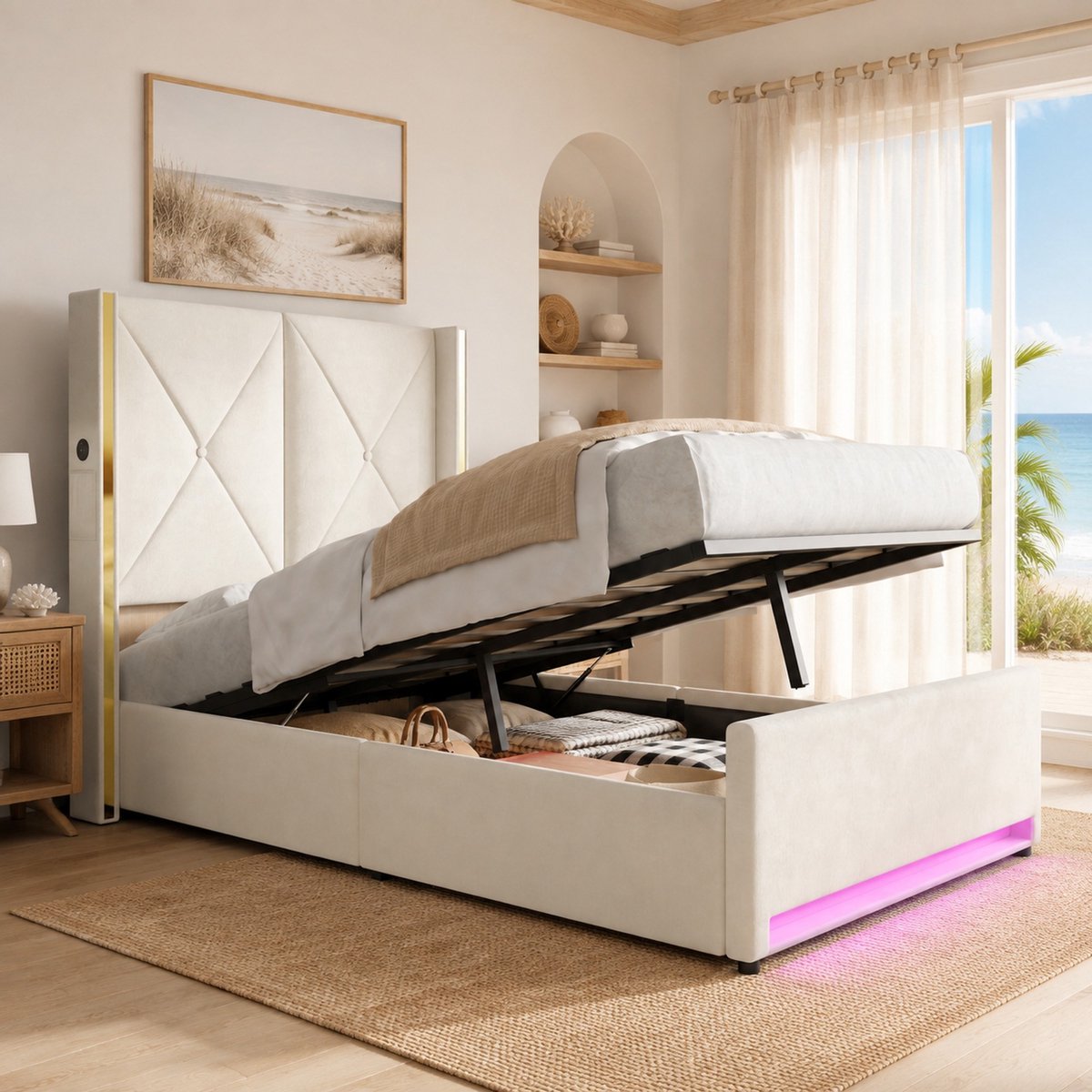 MEUNIQ Velours bedframe 90x200 cm met hydraulische opbergruimte, hoog gewatteerd hoofdbord, zijvakken, USB en Type-C, LED-verlichting, beige
