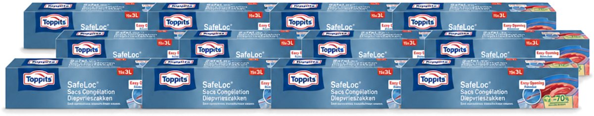 12 x Toppits – Safeloc Zip-Diepvrieszakken – 3 Liter – 15 Zakjes - Voordeelverpakking - 12 stuks