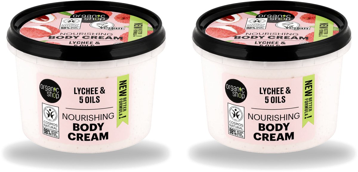 2 x Organic Shop - Nourishing Body Cream Lychee - Hydraterend en Voedend - 250 ml - Voordeelverpakking - 2 stuks