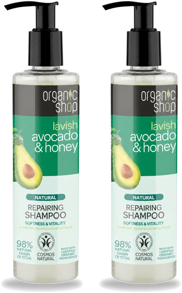 2 x Organic Shop - Natural Repairing Shampoo - Avocado & Honey - Hydraterend en Herstellend - 280 ml - Voordeelverpakking - 2 stuks