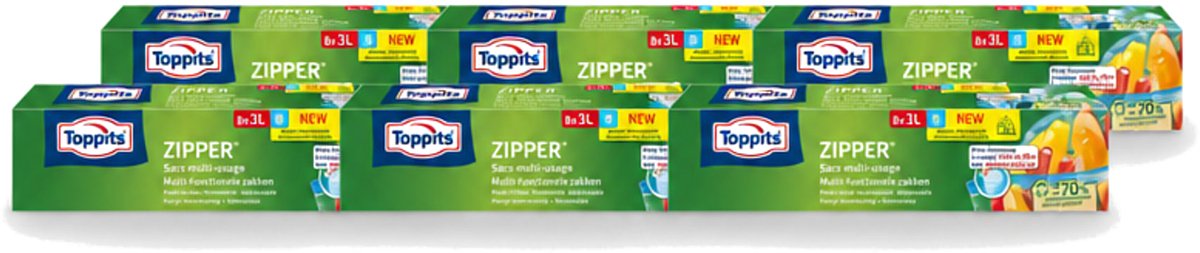 6 x Toppits – Zipper Multifunctionele Zakken – 3 Liter – 8 Zakjes - Voordeelverpakking - 6 stuks