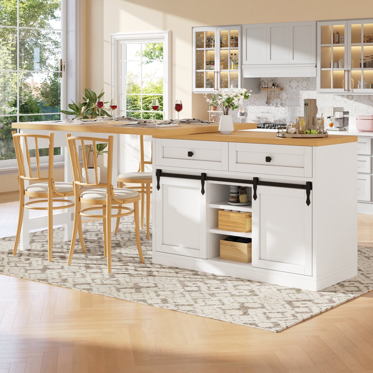 MODFU Eettafel - Draaibaar En Uitschuifbaar - Landelijk - MDF - Wit - 120-197 Cm