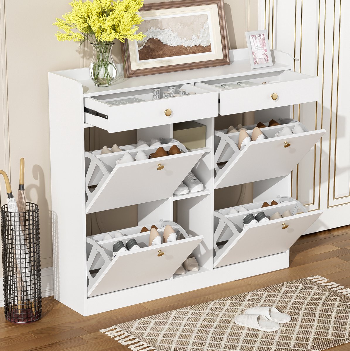 MEUNIQ Witte schoenenkast 110 x 26 x 100 cm met 4 kleppen, 2 lades en 3 open vakken – staande opbergkast voor hal en entree