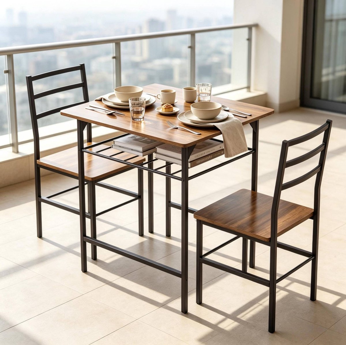REDOM - Set tafel en stoelen - Ruimtebesparend - Stoelen onder tafel - Onderste opbergplank - Industriële stijl - Metaal en spaanplaat - Zwart en rustiek bruin - 80 x 50 x 78,8 cm