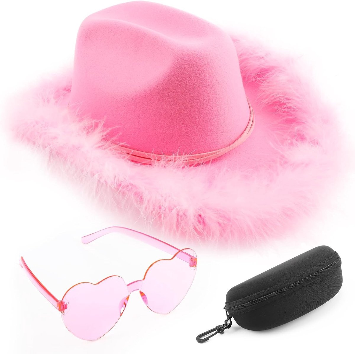 Cowboyhoed met Veer voor Vrouwen, Inclusief Hartvormige Zonnebril en Etui - Ideaal voor Western Feestjes, Halloween Kostuums en Cowgirl Outfit Accessoires