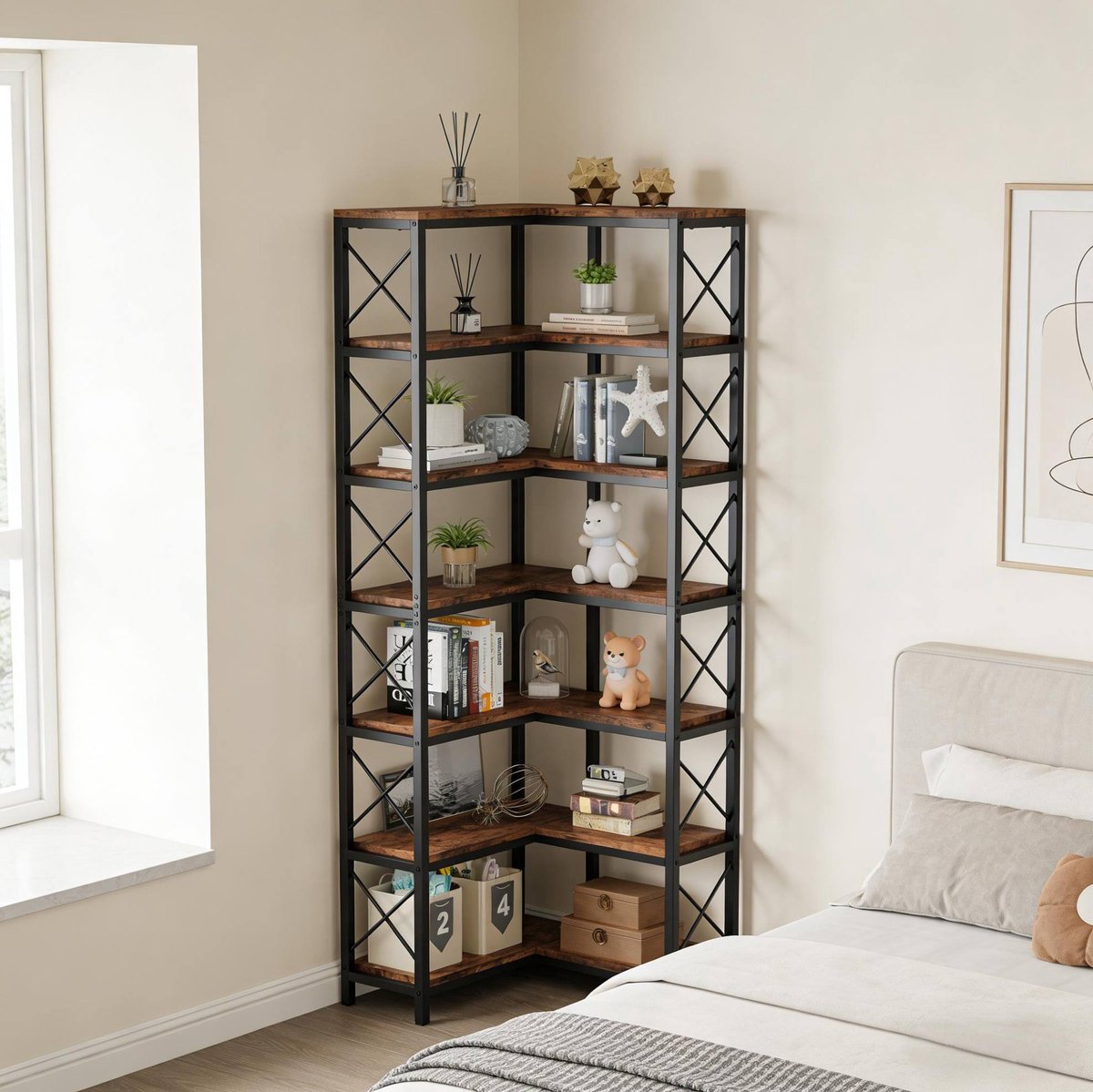 MEUNIQ industriële hoekboekenkast 61 x 60,5 x 202 cm met 7 niveaus, 14 open vakken en X-steunen voor woonkamer, studeerkamer of slaapkamer Zwart