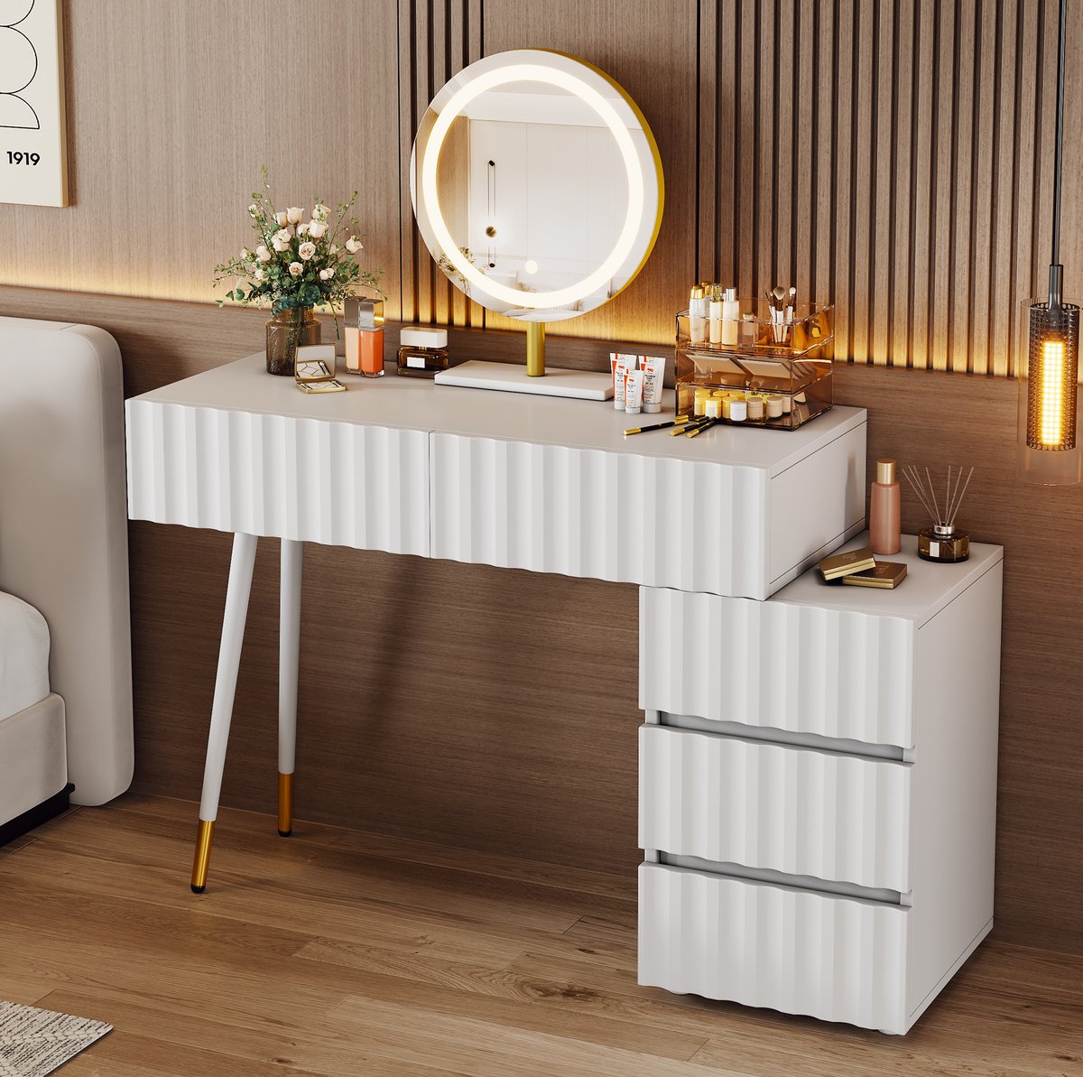 MEUNIQ Kaptafel met LED-spiegel, 5 lades en driestapsverlichting – B 100 x D 40 x H 127 cm – touchbediening voor slaapkamer – Wit