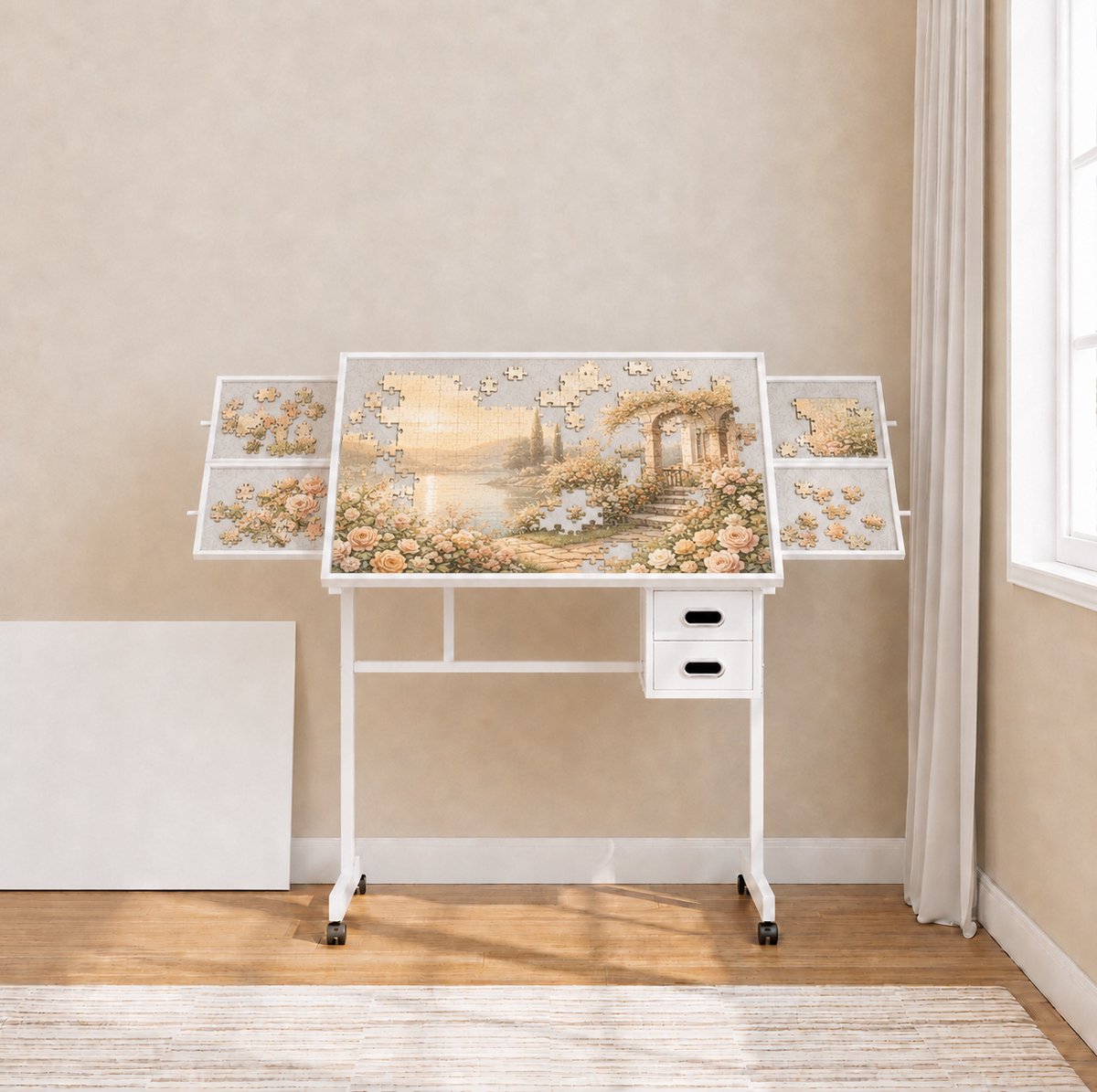 REDOM - Puzzeltafel voor 1000 stukjes - Afdekblad van 5 mm MDF - 4 vilten opbergladen - 2 opbergladen - 4 wielen waarvan 2 met rem - MDF en metaal - Wit - 89 x 59,5 x 78,5 cm
