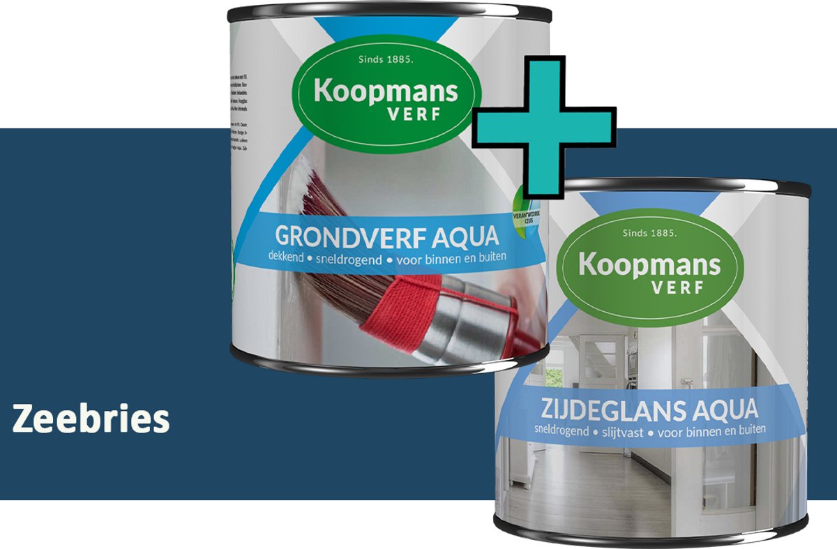Koopmans Grondverf Aqua en Zijdeglans Aqua lakverf set - binnen buiten - Zeebries - 2x - 750 ml