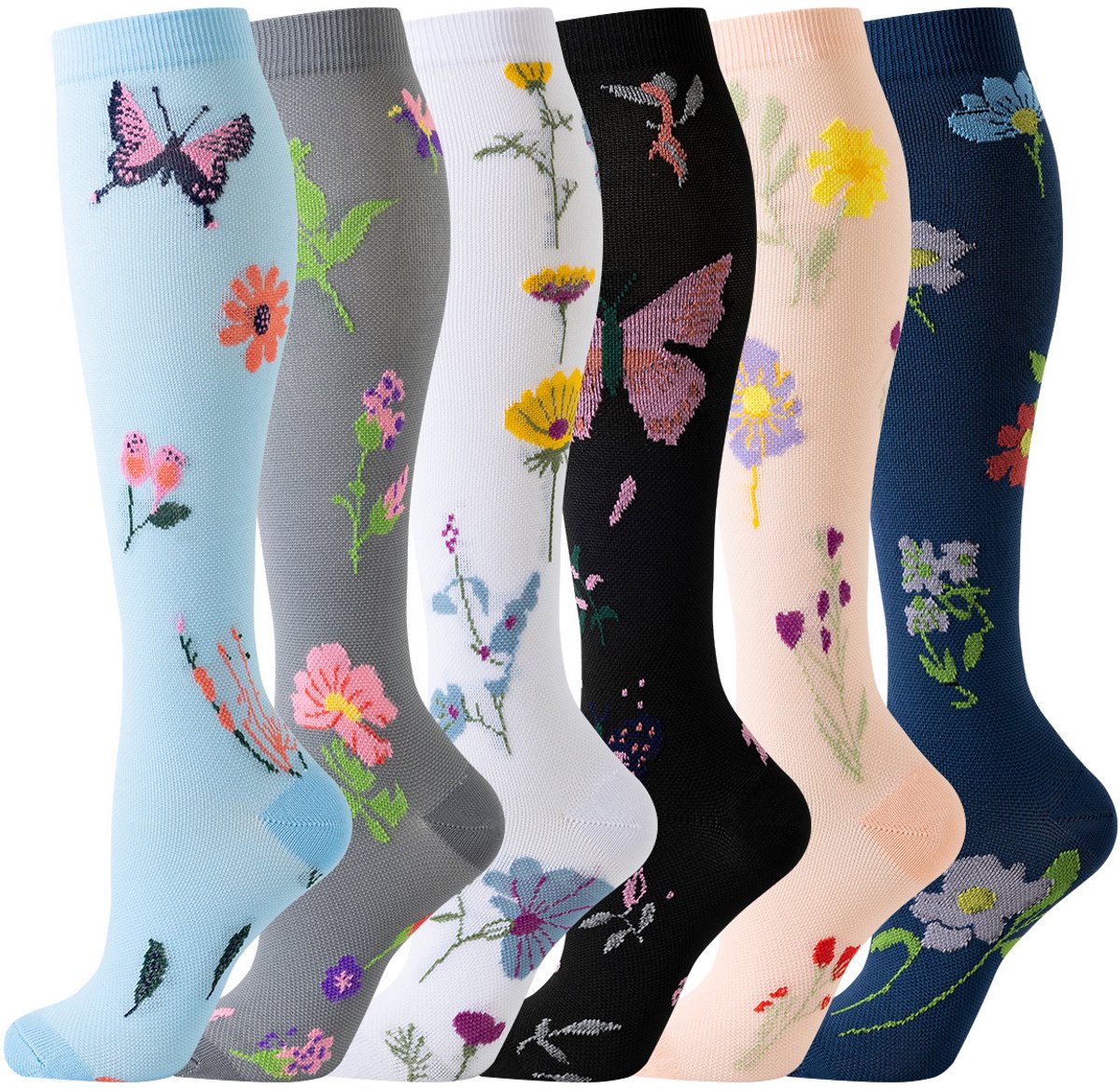 6-pack compressiekousen voor dames en heren - reizen en vliegsokken - hardlopen en fitness（L-XL） - Vlinderpatroon