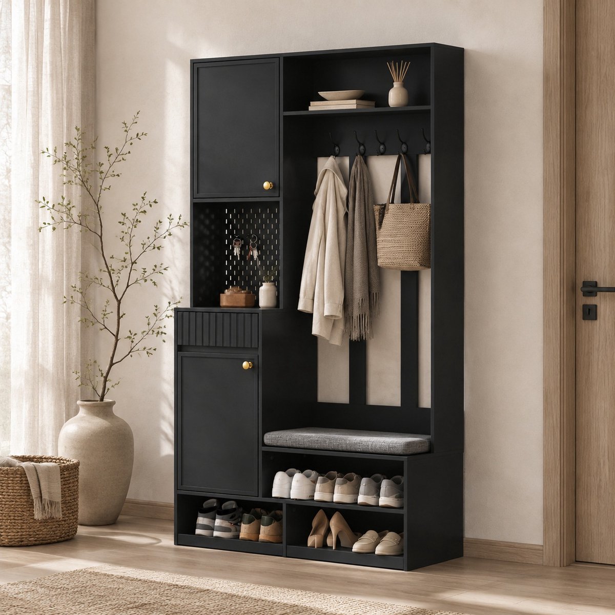 MEUNIQ halmeubel met zitbank en kussen, 4 haken, deuren, 2 lades en open vakken – B 100 x D 35 x H 180 cm – zwarte garderobekast voor hal
