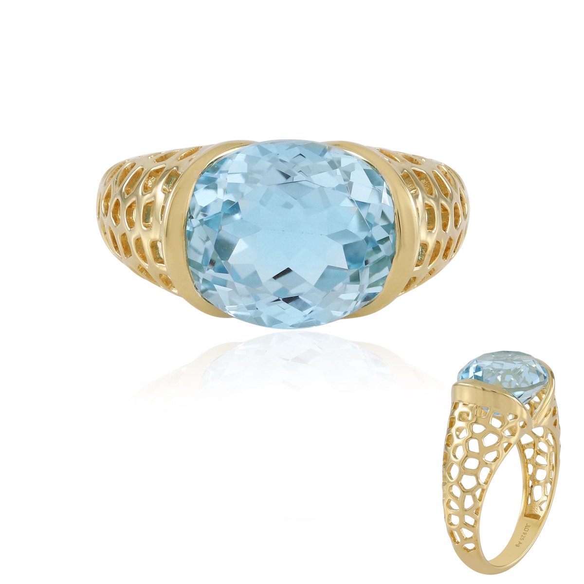 Cavill - Vergulde 925 Zilveren Ring - Ovale Hemelblauwe Topaas 5,85 ct - Braziliaanse Edelsteen - Filigraan Elegant Design