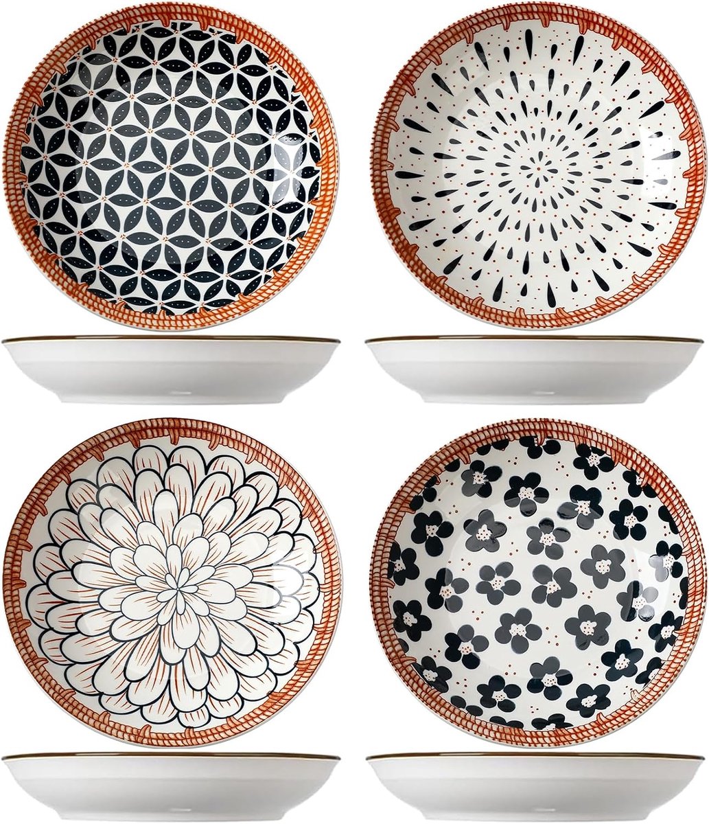Dinerborden set van 4 met patroon, 20 cm keramische dessertborden, saladeborden set, serviesset voor pastakommen, ramen, magnetron- en vaatwasmachinebestendig