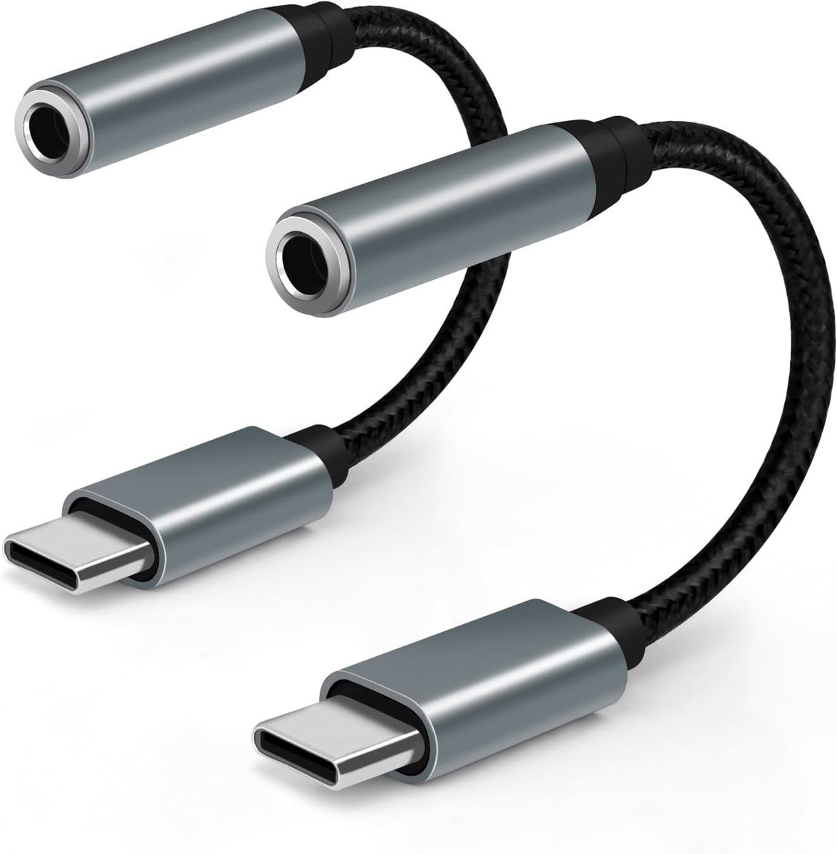 Naar 3,5 mm hoofdtelefoonaansluiting adapter (2 stuks), Aux naar USB C hoofdtelefoonadapter type C naar 3,5 mm Aux-adapter, compatibel met Samsung Galaxy, iPad Pro, MacBook, grijs