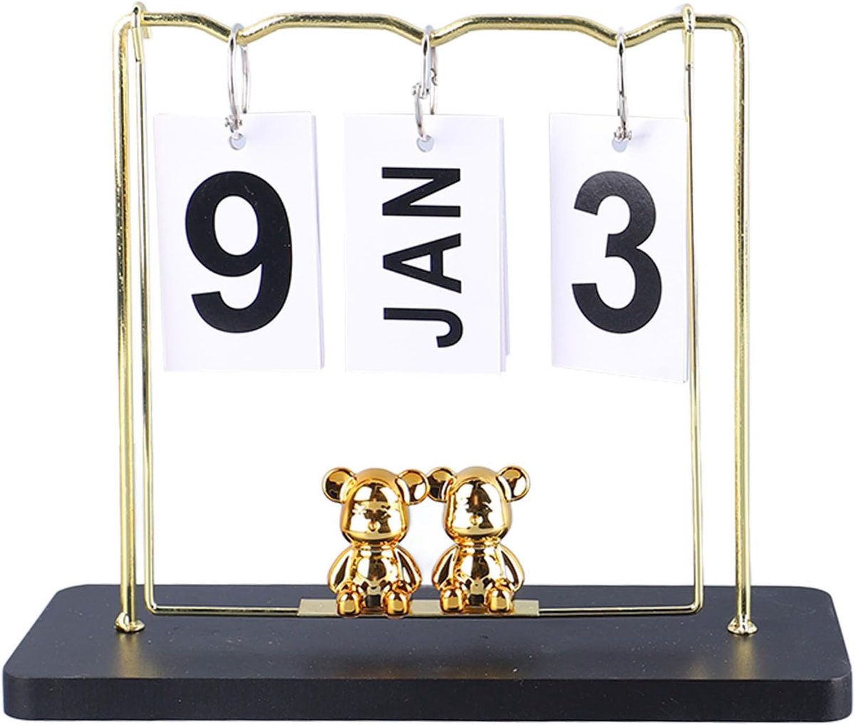Houten Metalen Klapkalender, Herbruikbare Eeuwigdurende Kalender met Stevige Standaard en Beerontwerp voor Kantoorslaapzaaldecoratie (Zwarte schommel)
