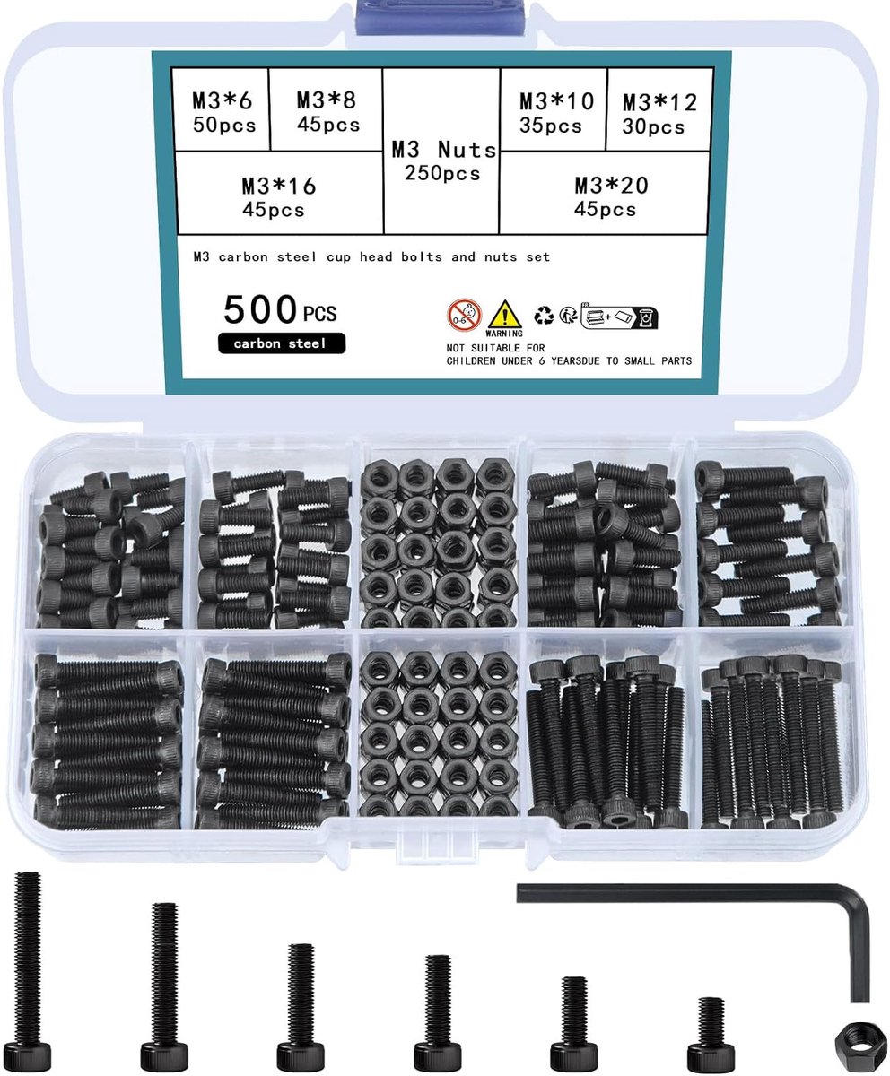 Schroefset, 500 stuks cilinderschroeven met inbusschroeven Set, Schroeven en moeren Assortiment Kit, Zeskantschroeven met moeren