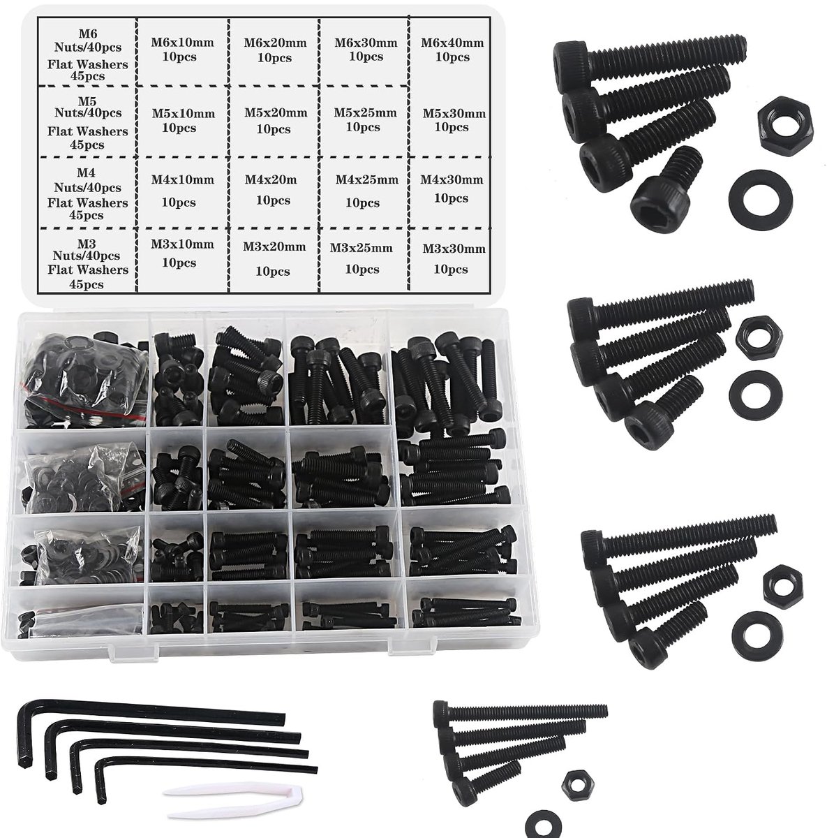 Schroevenset met bouten en moeren M3, M4, M5 en M6 zwarte cilinderkopschroeven set met bouten en moeren set, kit van holle zeskantschroeven voor schroefdraadmachine 500 stukken