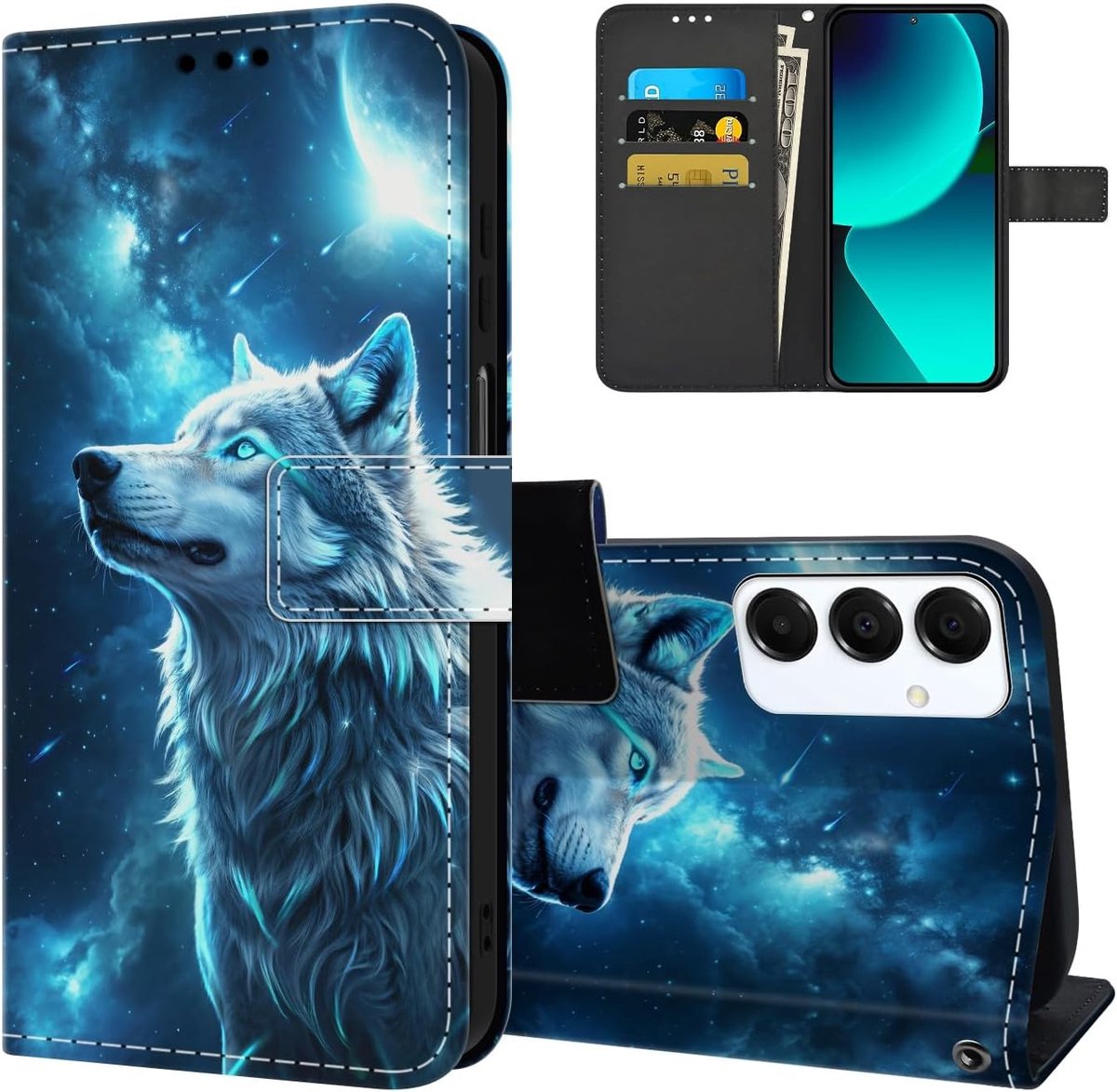 Hoes voor mobiele telefoon voor Samsung Galaxy A16 4G / 5G, premium PU-leren klaphoes met motief, beschermhoes, magneetsluiting, kaartenvak, standfunctie, flip case, telefoonhoes voor Samsung