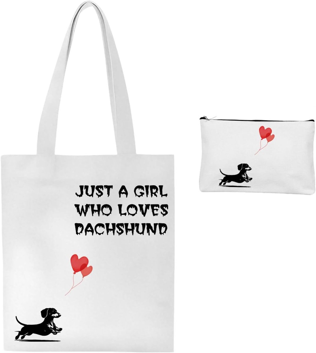 Teckel geschenken voor vrouwen, canvas tas dames set met cosmeticatas, klein, handtas groot met ritssluiting en binnenzak, draagtas toilettas dames voor reizen dagelijks leven
