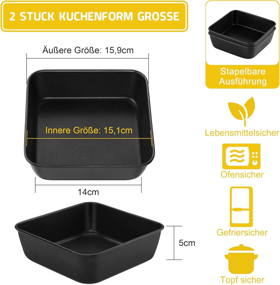 Vierkante ovenschaal, set van 2, roestvrij staal, vierkant, bakvorm met antiaanbaklaag, ideaal voor cake, brownie, lasagne, gezond en gemakkelijk te reinigen, 15,9 x 15,9 x 5 cm