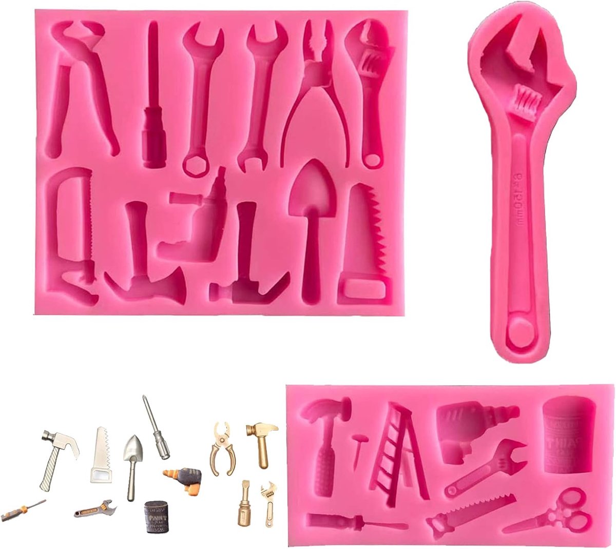 3 Stuks Siliconen Fondant Mallen, 3D Harde Gereedschappen Siliconen, Moersleutel Cakevorm, Geschikt voor het Maken van Taarten(Roze)