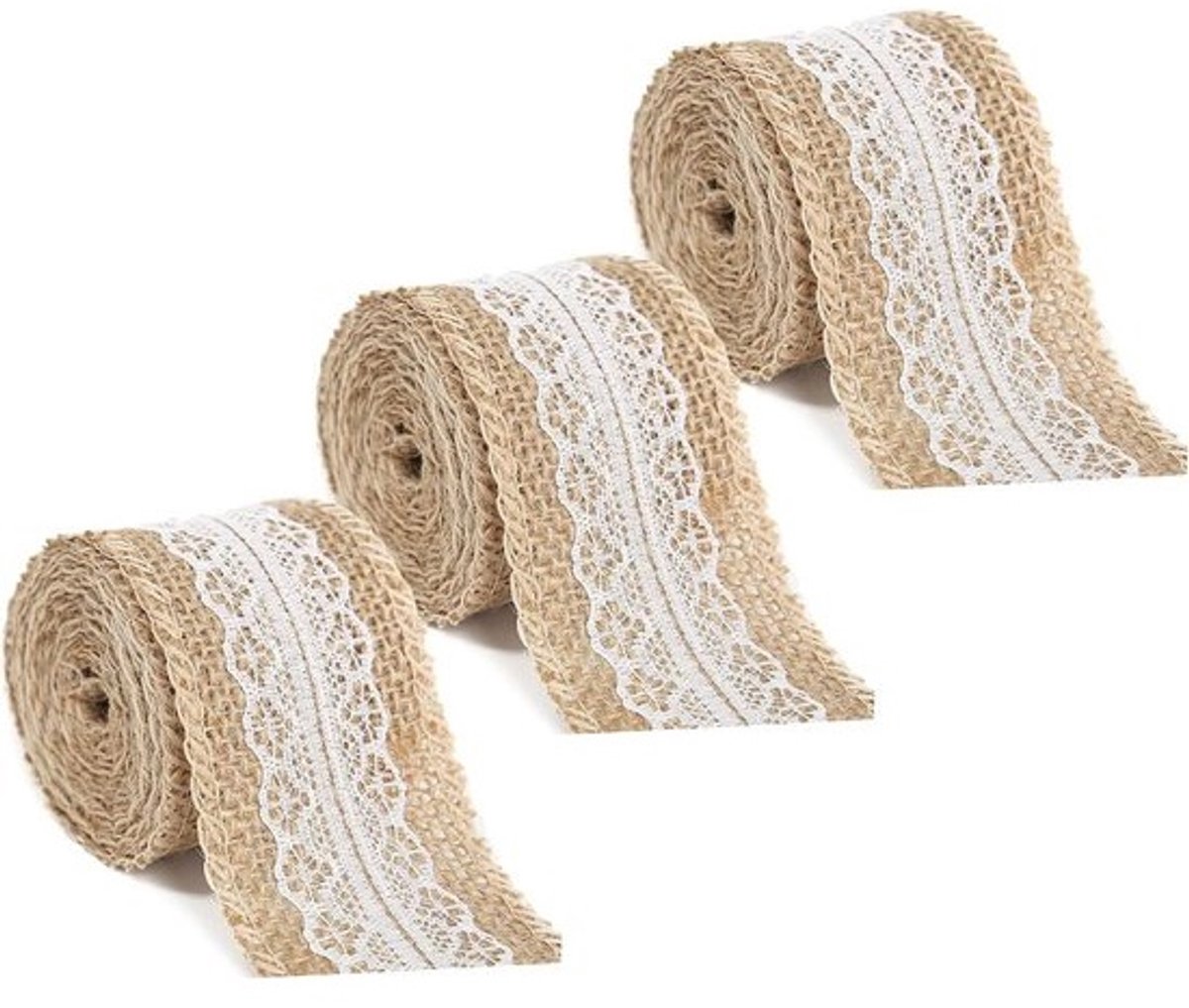 Natuurlijk wit kant - Jute canvas - 3 rollen - Jute kant rol - Jute kant voor doe-het-zelf - Bruiloft decoratie - Geschenkverpakkingen - Handwerk - Kant en jute decoratie