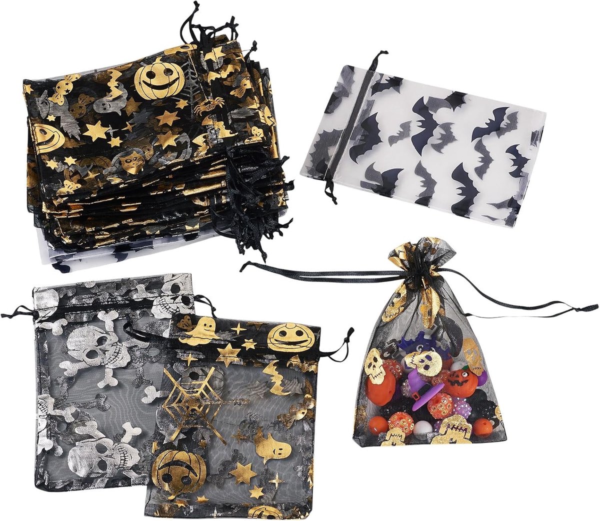 40 stuks Halloween traktatiezakjes kleine rechthoekige organza trekkoord geschenkzakjes met spin vleermuis schedel bedrukte snoepzak voor Halloween trick or treat cadeauverpakking