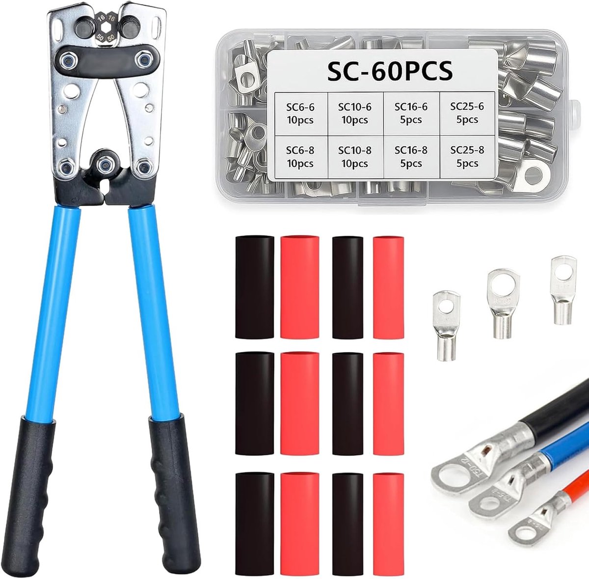 Krimptang kabelschoenen set 6/10/16/25/35/50 mm², accukabelschoen, krimptang groot, met 8 maten, 60 koperen ringklemmen + 60 krimpkous voor auto-accu en elektrische installatie, blauw