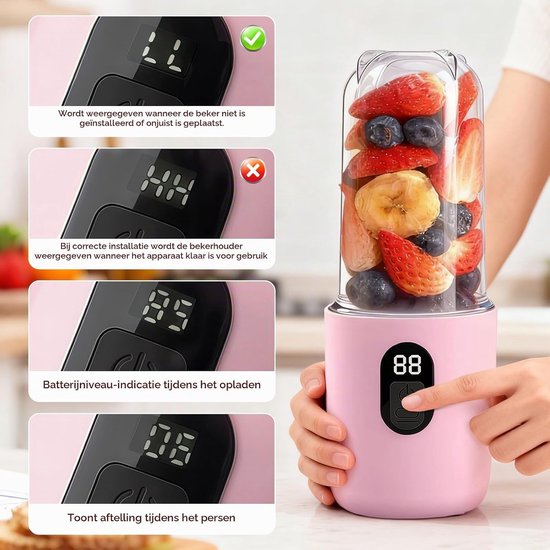 Draagbare 500ML Smoothie Maker met Digitale Display, 16-Bladige USB Juicer voor Shakes en Smoothies, Ideaal voor Keuken, Reizen en Sportactiviteiten, Roze — afbeelding 4