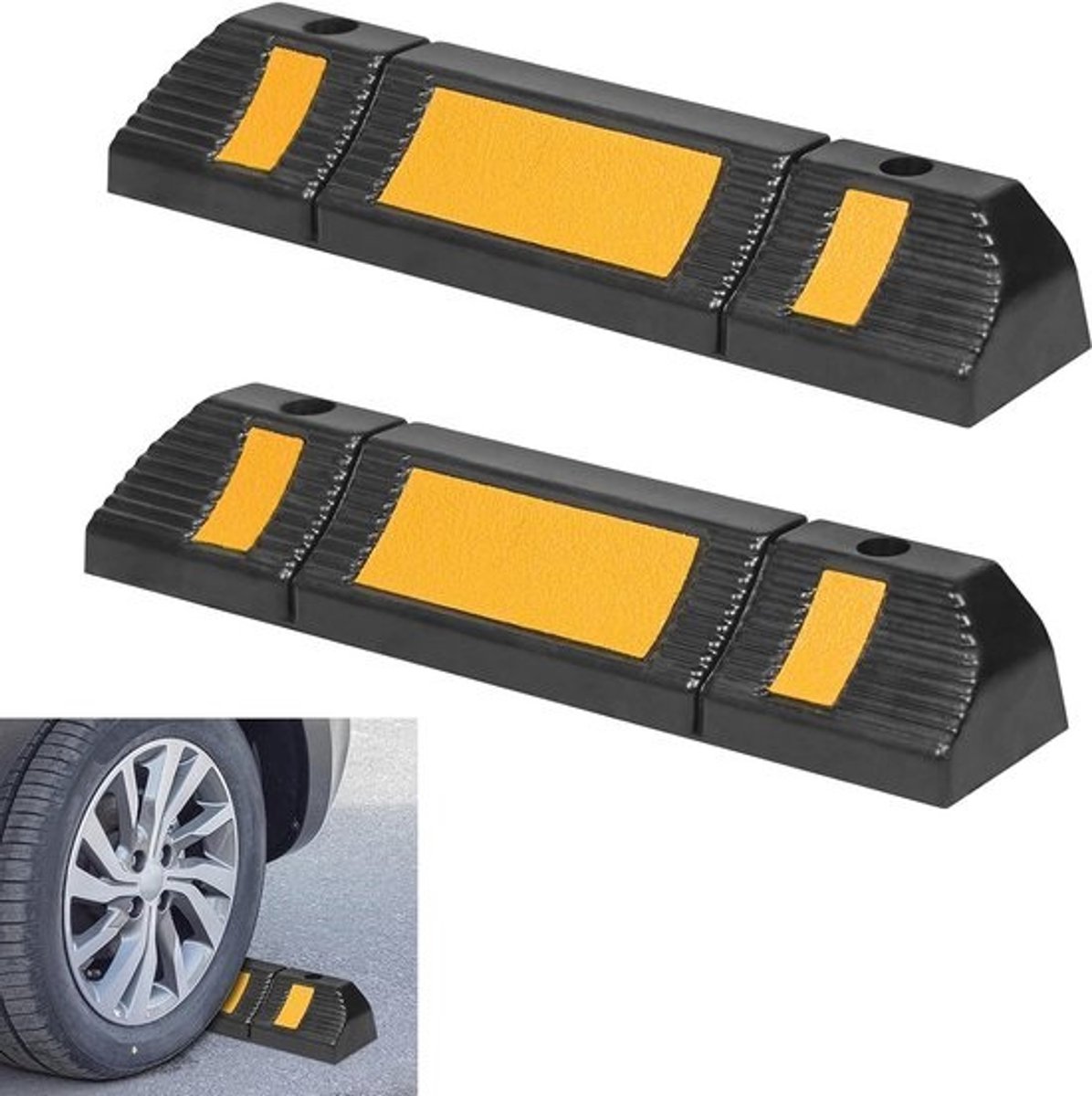 Wielstopper voor Parkeren met Reflecterende Strepen - Rubber Garagestopper, 60 x 12 x 10 cm - Ideaal voor Strakke Ruimtes