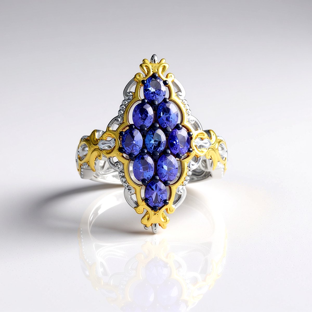 Cavill - Zilveren Damesring met 9 Ovale Tanzanieten 1,62 ct - 925 Sterling Zilver Palladiumlaag - Elegante Blauwviolette Edelstenen