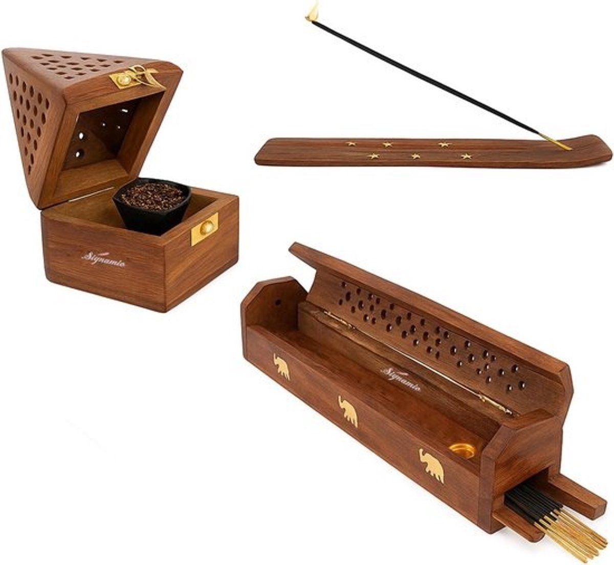 Set van 3 Premium Houten Wierookhouders voor Dhoop en Agarbatti met Asvanger